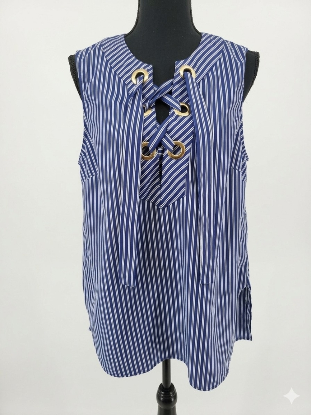 Sleeveless Navy Blue Striped Lace-Up Top